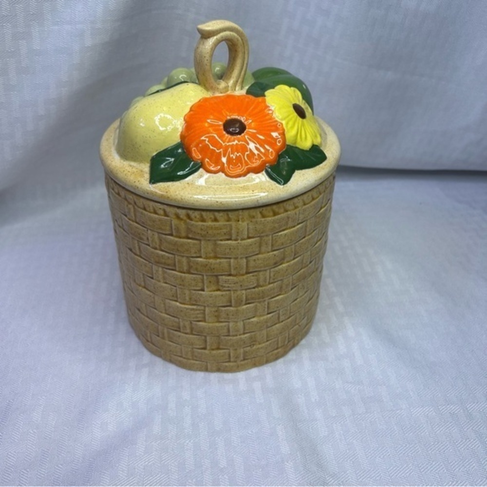 Floral Ceramic Basket Weave Jar Vintage fruit basket cookie jar
